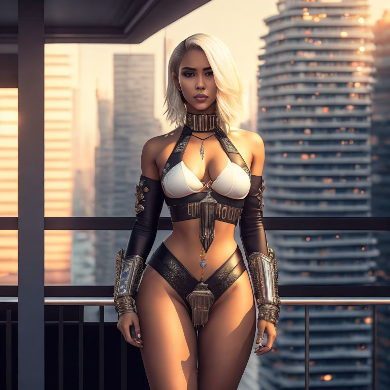 Futuristic woman in metallic costume on balcony at sunset