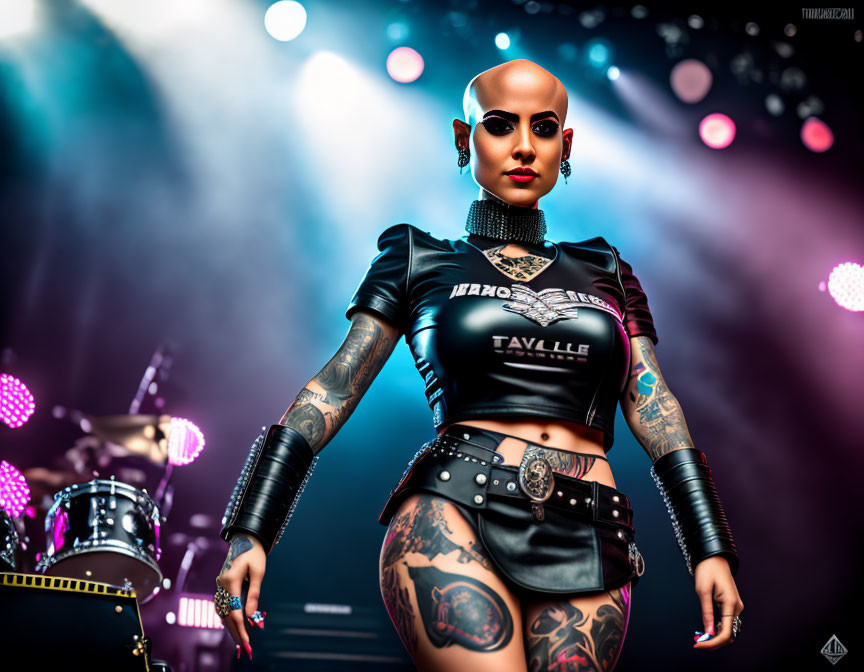 Bald Tattooed Female Character in Black Punk Outfit on Stage