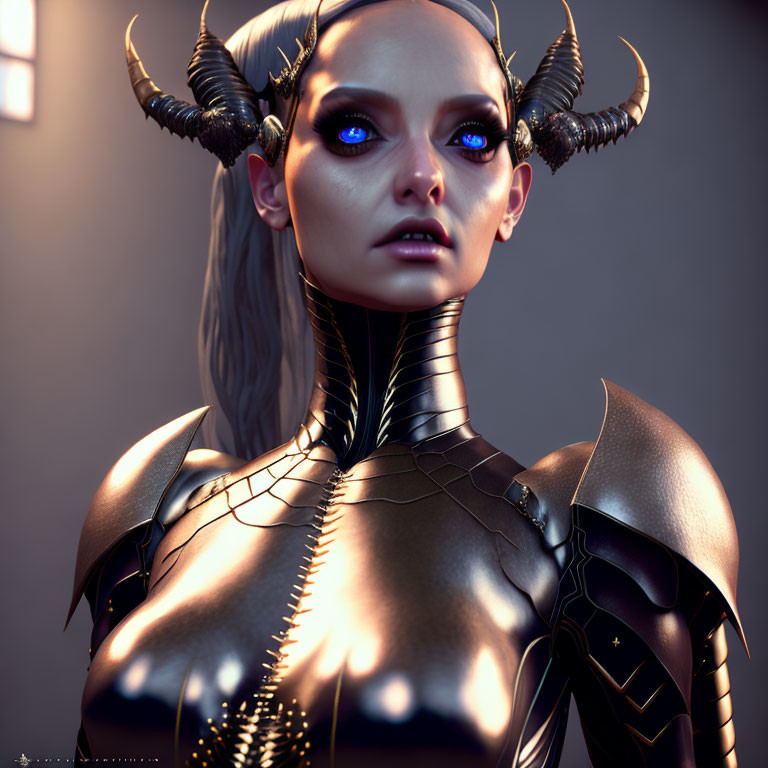 Fantasy-themed digital portrait of female character with glowing purple eyes and horned headpiece.