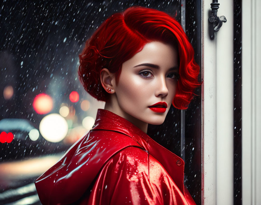 Vibrant red-haired woman in shiny red jacket by rainy night window