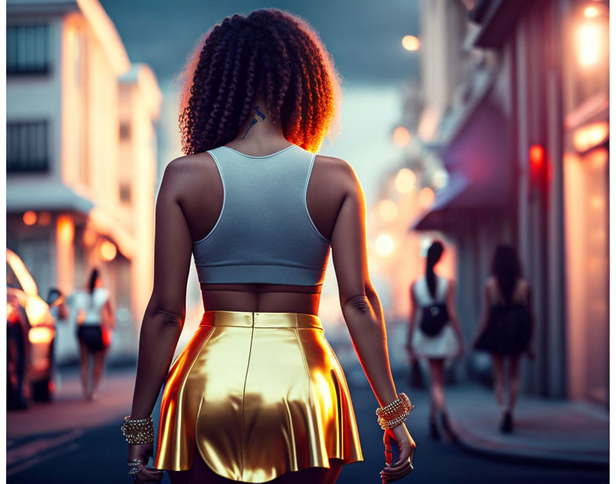 Curly-haired woman in metallic gold skirt walking city street at dusk