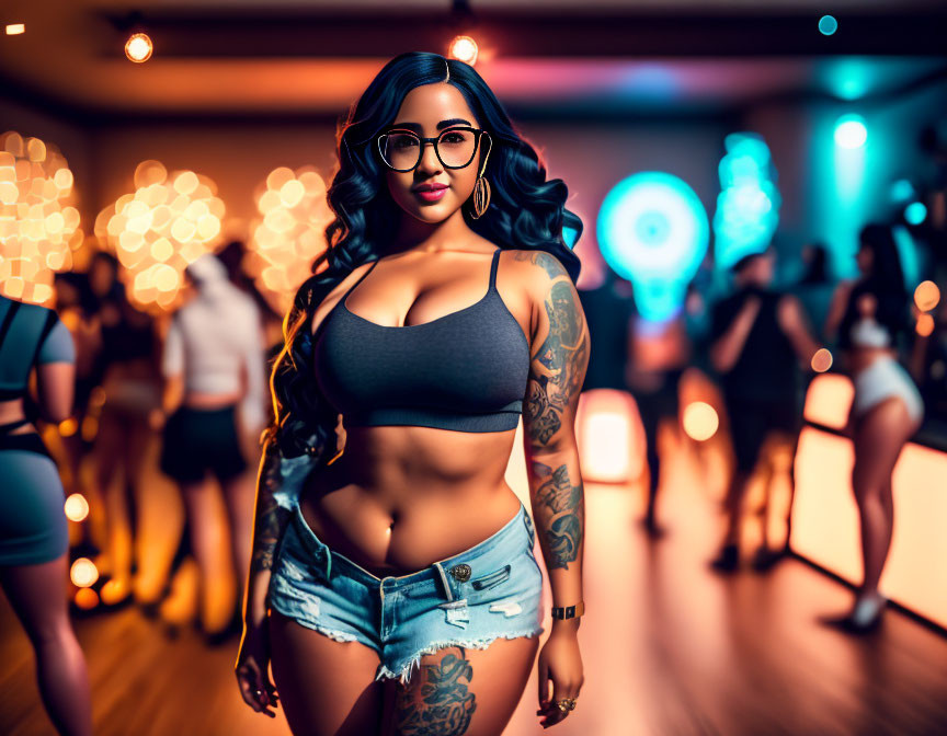 Tattooed woman in glasses at vibrant party with bokeh lights