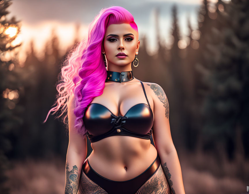Vibrant pink hair woman with tattoos in black outfit against forest sunset
