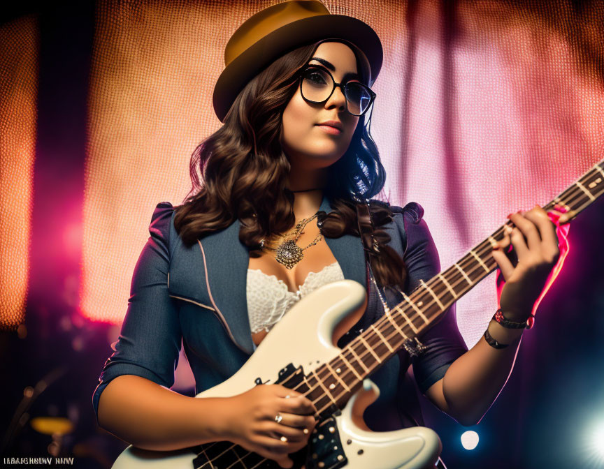 Female Musician in Hat and Glasses Plays Electric Bass Guitar on Colorful Stage