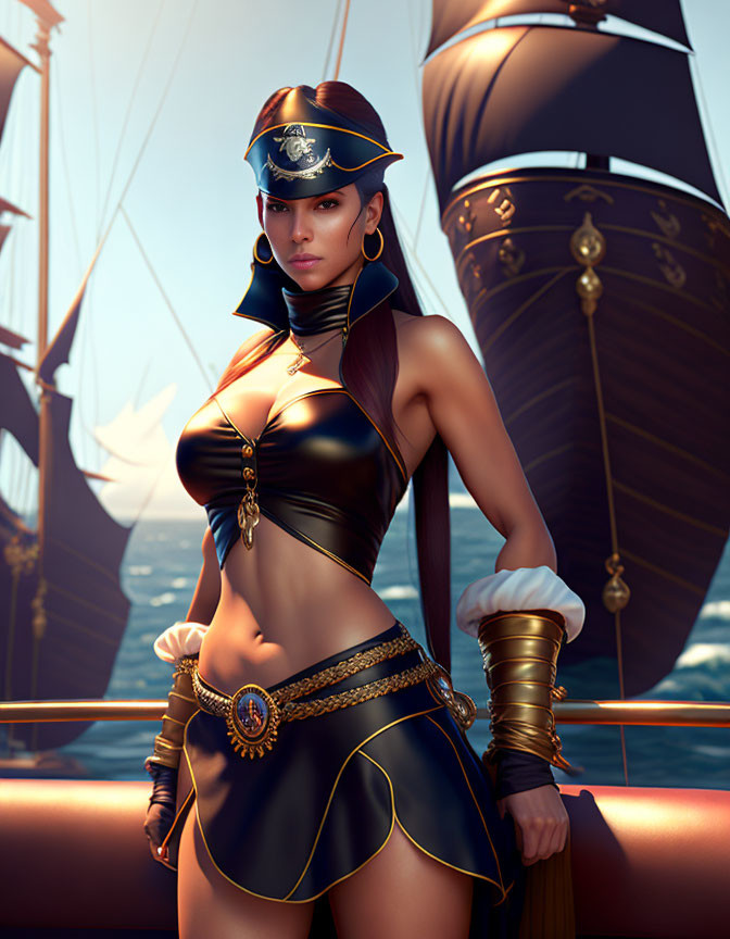 Stylized female pirate captain on ship deck with ocean background.