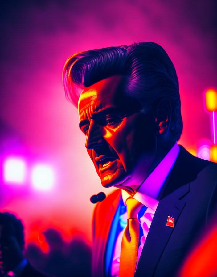 Man in suit speech under dramatic purple and orange lighting