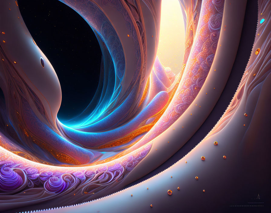 Vibrant surreal digital art: swirling cosmic forms in blues and oranges