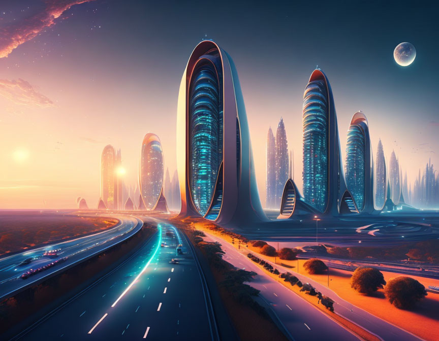 Sleek futuristic cityscape with towering buildings and illuminated highways at twilight