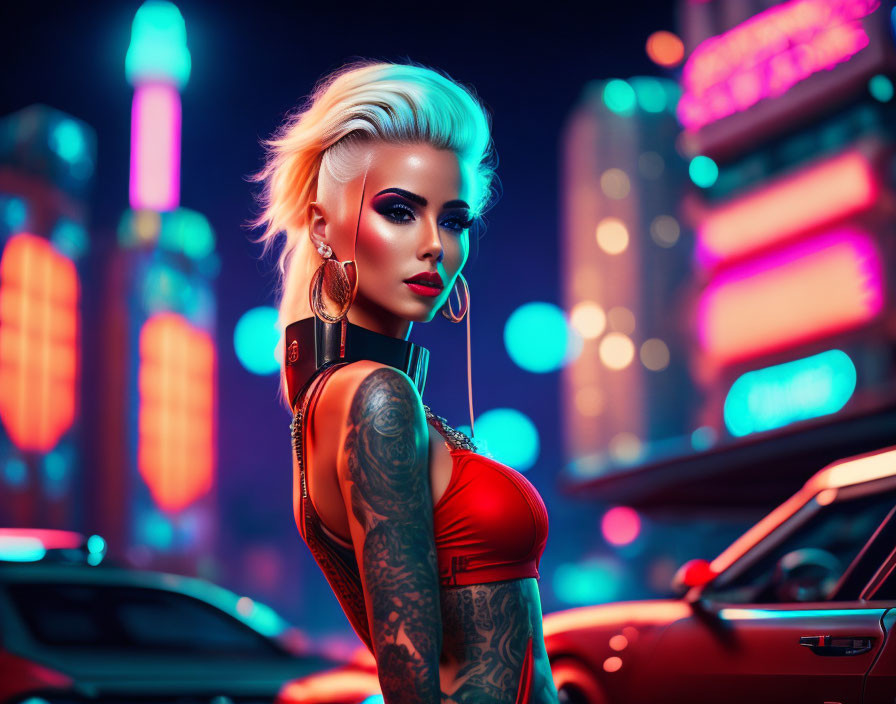 Platinum blonde woman with tattoos in neon-lit city night scene