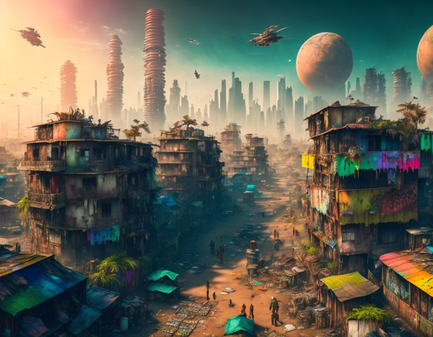 Dilapidated buildings contrast modern city skyline with flying vehicles on alien planets