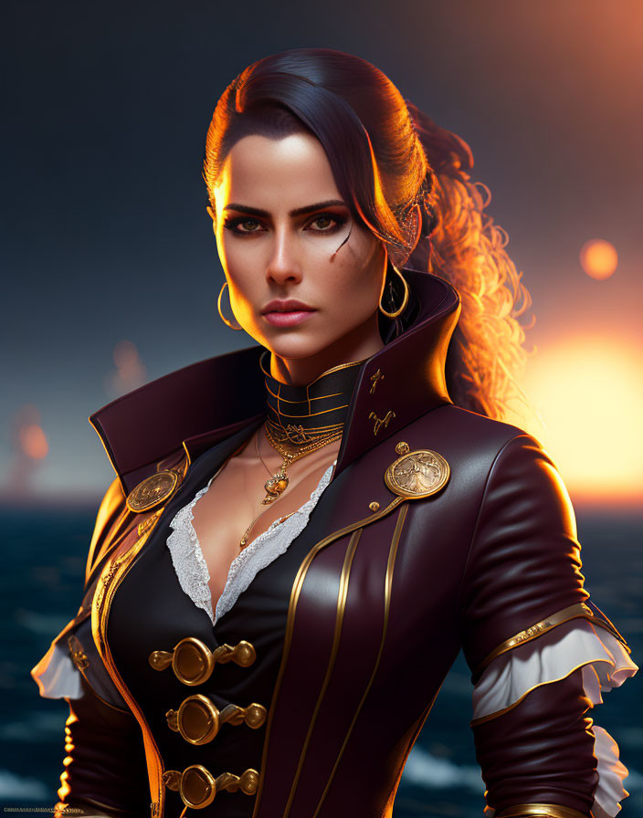 Digital art portrait of woman in maroon and gold pirate captain's attire with blue eyes, at sea