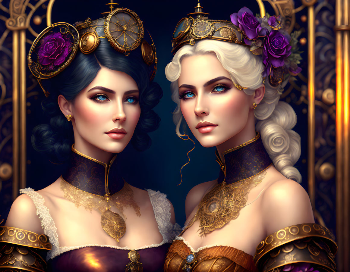 Regal women in ornate crowns and Victorian attire with gold jewelry and purple accents.