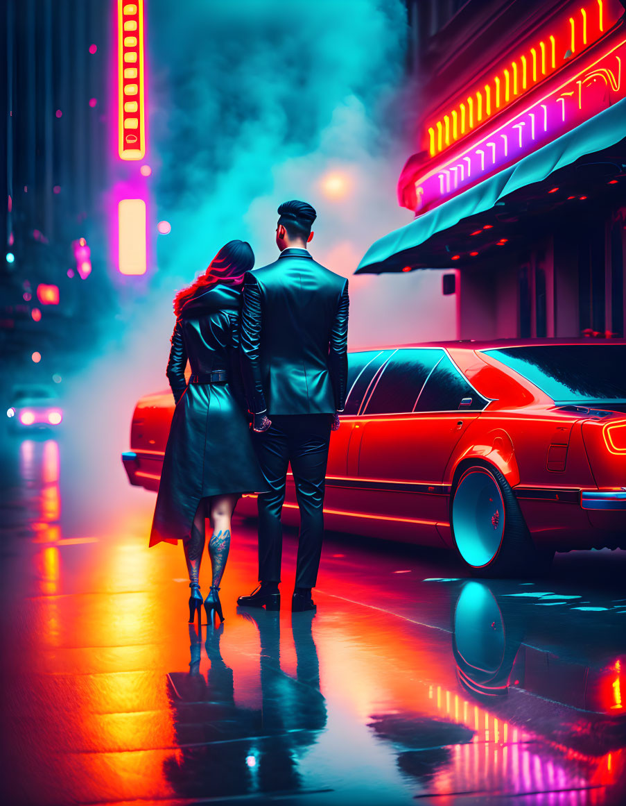 Couple holding hands in neon-lit city street with red car and futuristic ambiance.