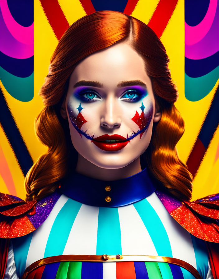 Colorful Clown Makeup and Costume Against Kaleidoscopic Background