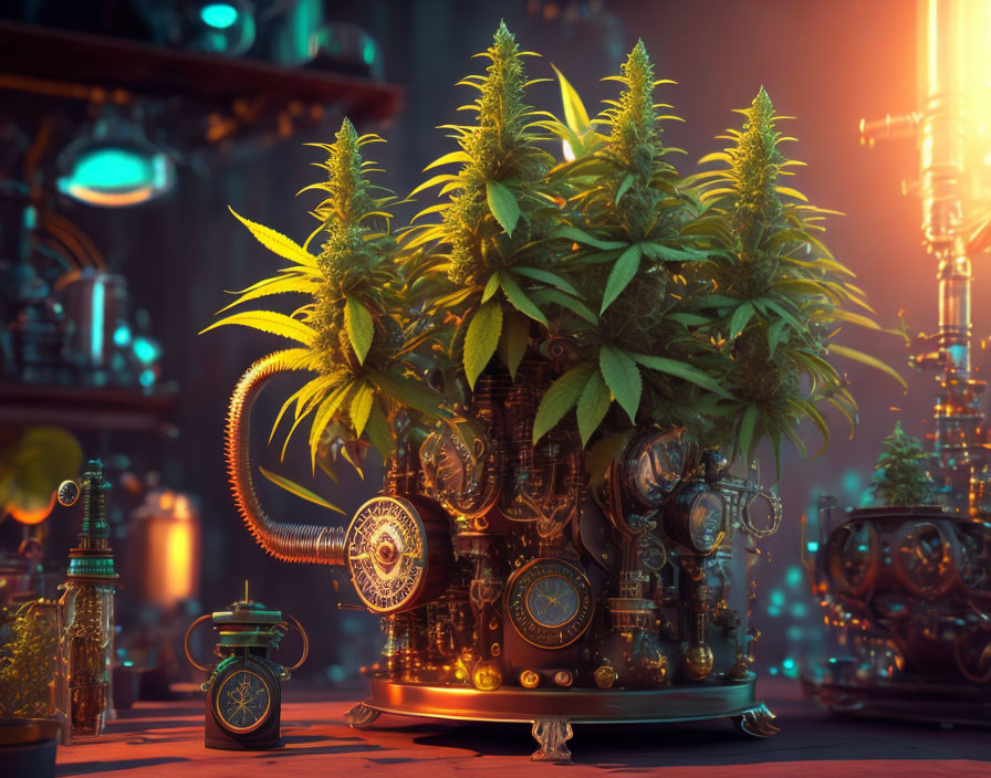 Steampunk-themed cannabis grow room with mechanical elements and vintage stopwatch