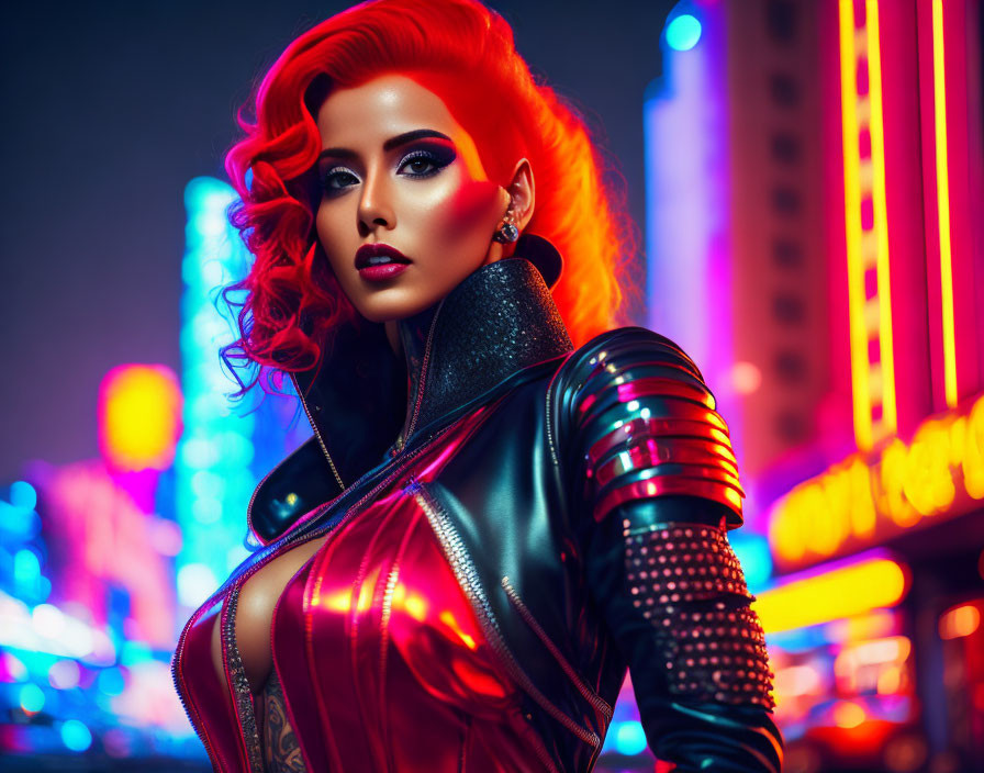 Vibrant red-haired woman in futuristic leather outfit under neon city lights