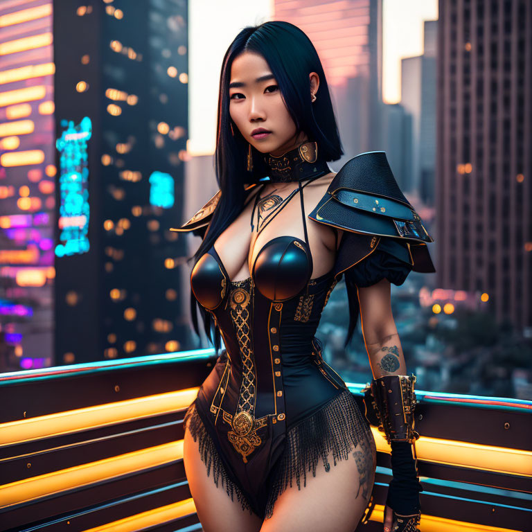 Elaborate dark fantasy armor on confident woman in urban nightscape