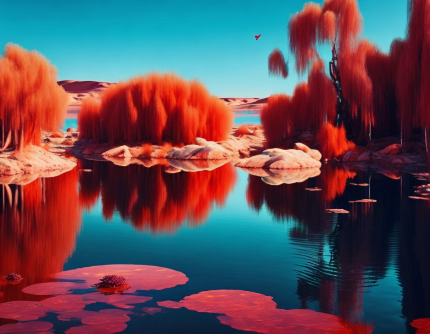 Vivid surreal landscape with fiery orange trees, blue water, white rocks, and red kite.