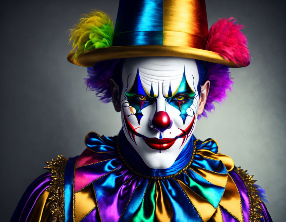 Colorful clown with multicolored hat and vibrant makeup