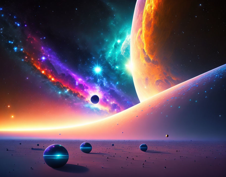 Colorful space scene with large planet and nebulae