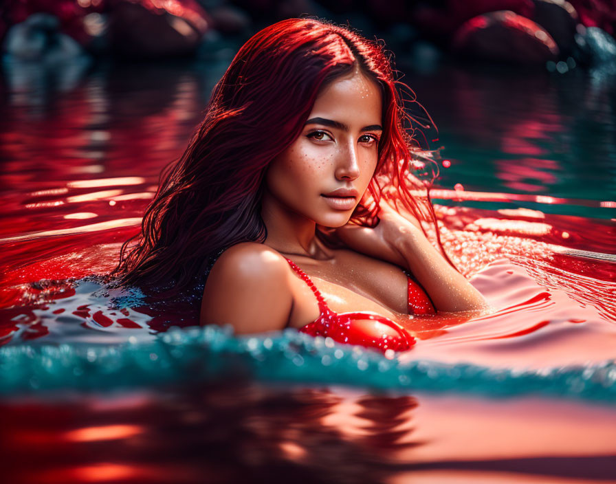 Woman in Red Bikini Submerged in Water with Wet Hair