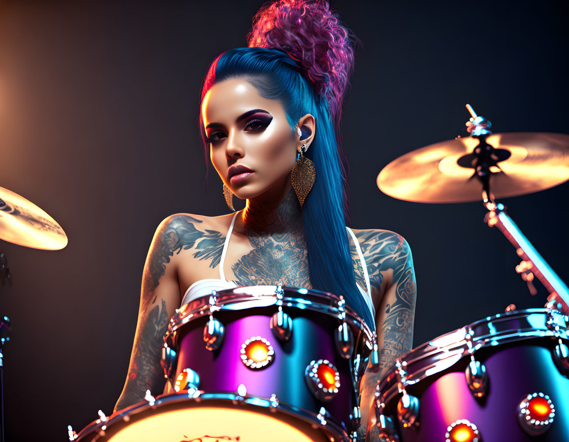 Blue-haired woman with tattoos at drum set in vibrant portrait