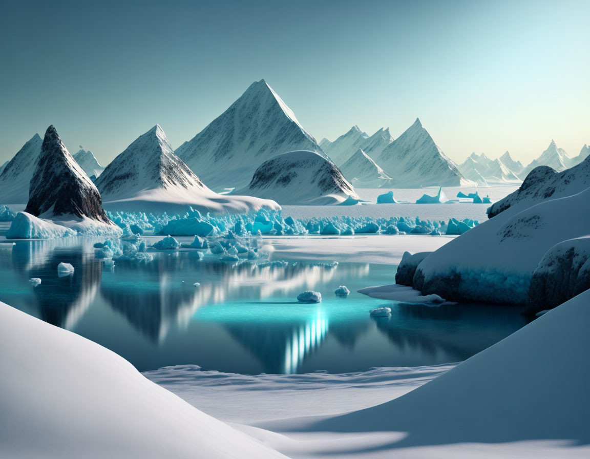 Snowy Landscape with Icebergs and Mountain Peaks in Clear Sky