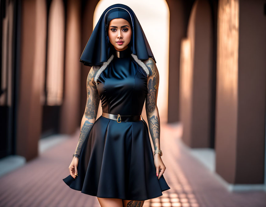 Tattooed woman in modern nun habit in warm-toned corridor