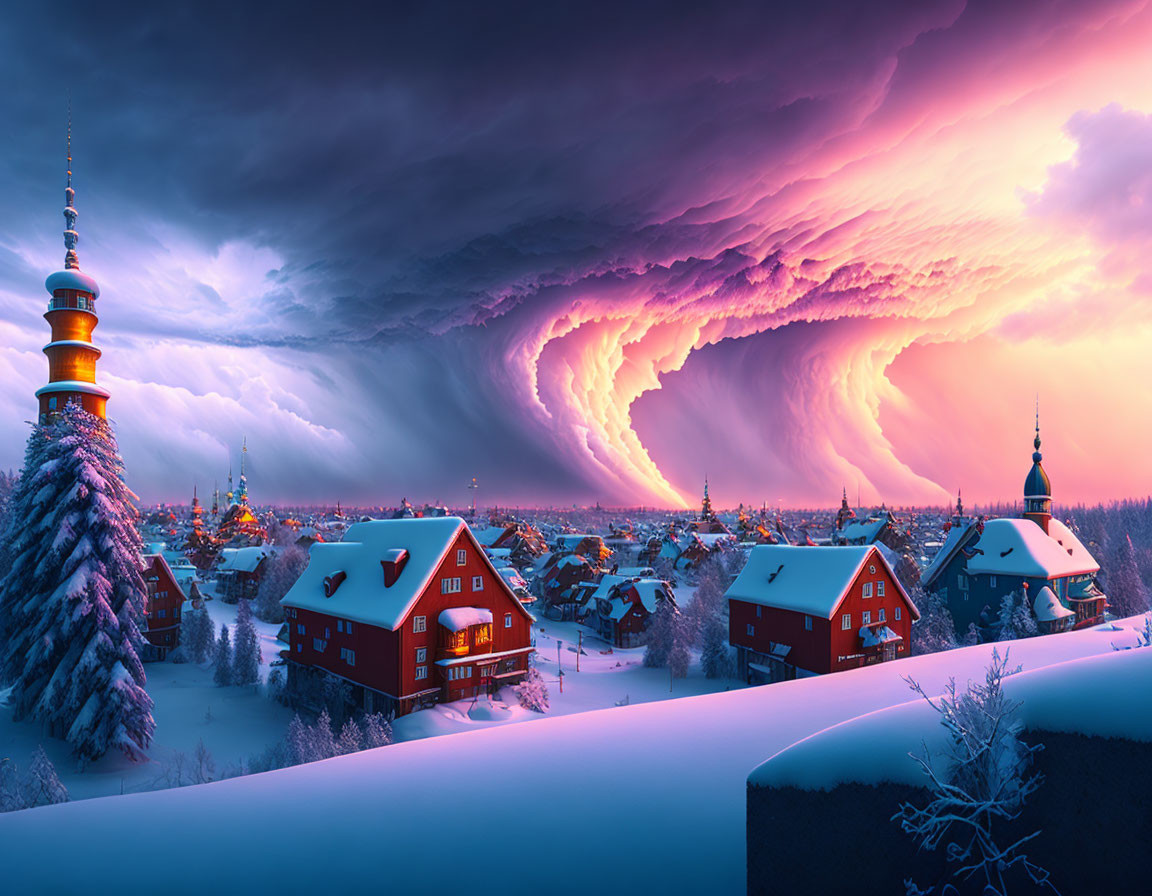 Snow-covered winter village under dramatic purple sky with swirling clouds