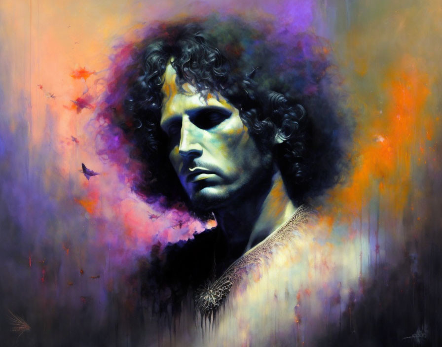 Colorful portrait of man with curly hair against vibrant abstract backdrop.