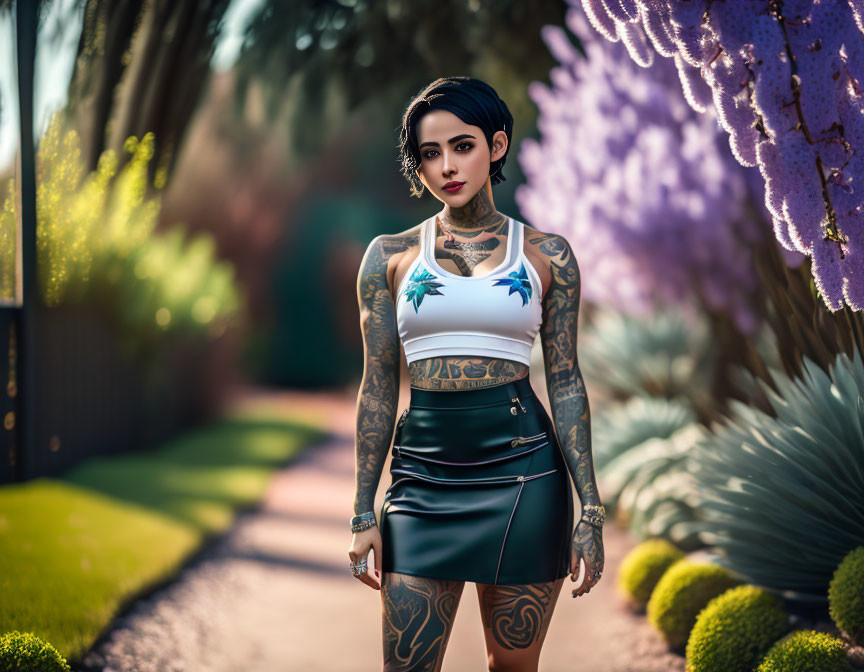 Tattooed woman in white top and leather skirt on garden path