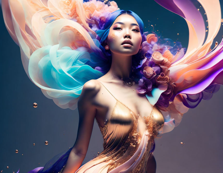 Ethereal woman in gold dress amidst swirling colors and flowers