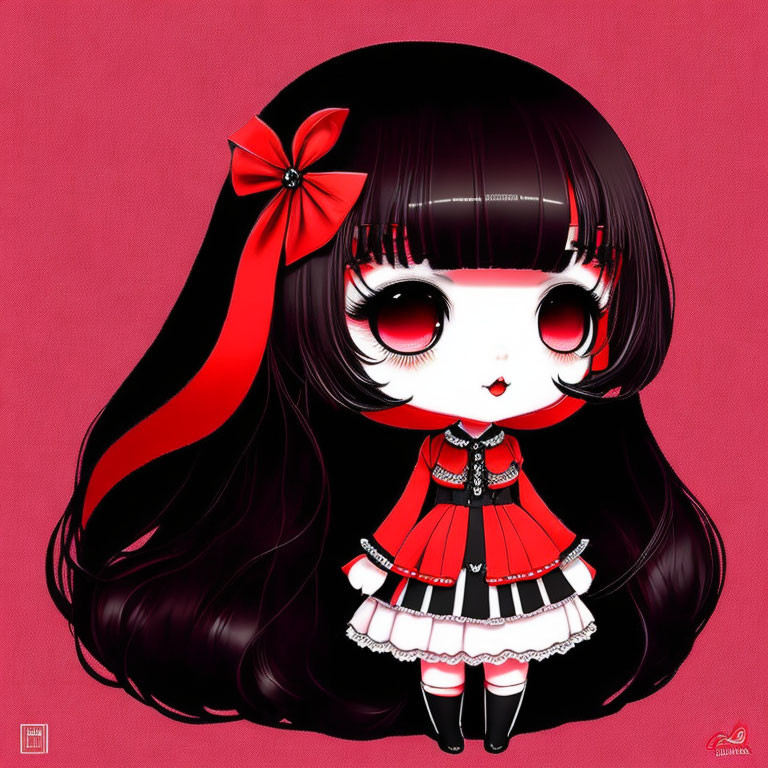 Illustrated character with red eyes and black hair in red dress on pink background