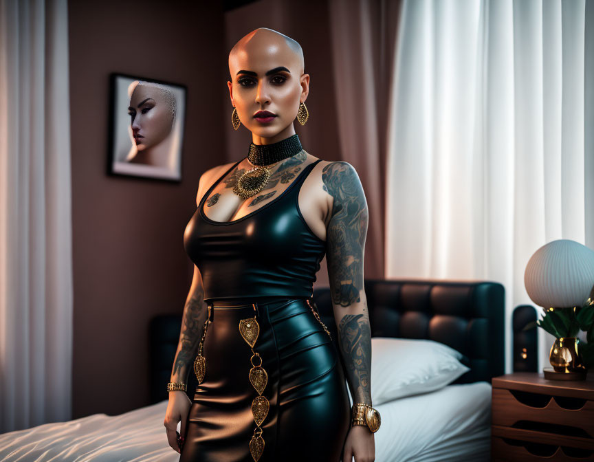 Bald woman with tattoos in black dress and gold jewelry in stylish bedroom