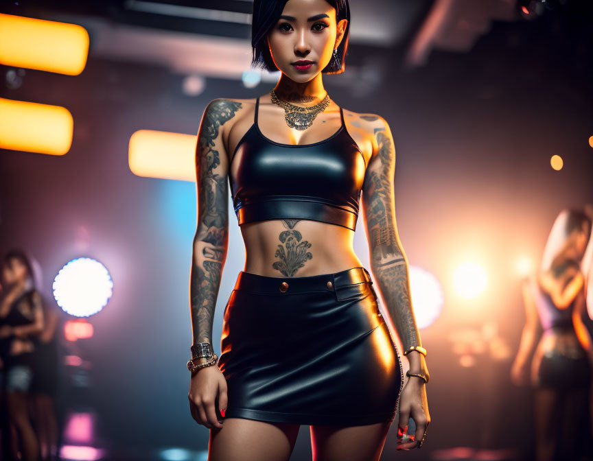 Tattooed woman in black leather outfit with gold accessories in club setting