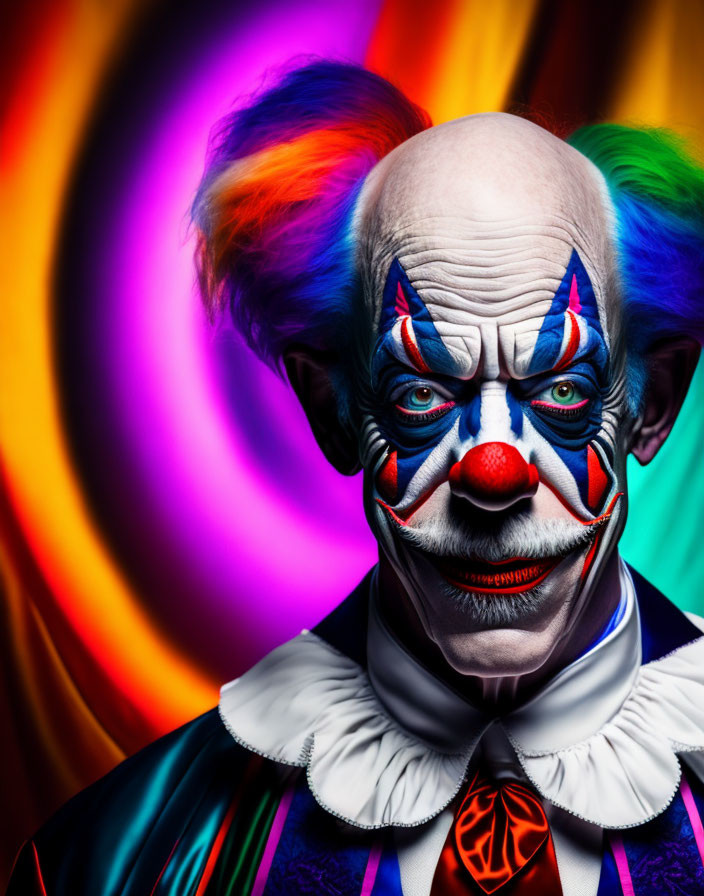 Colorful Clown Portrait with Multicolored Hair and Painted Face