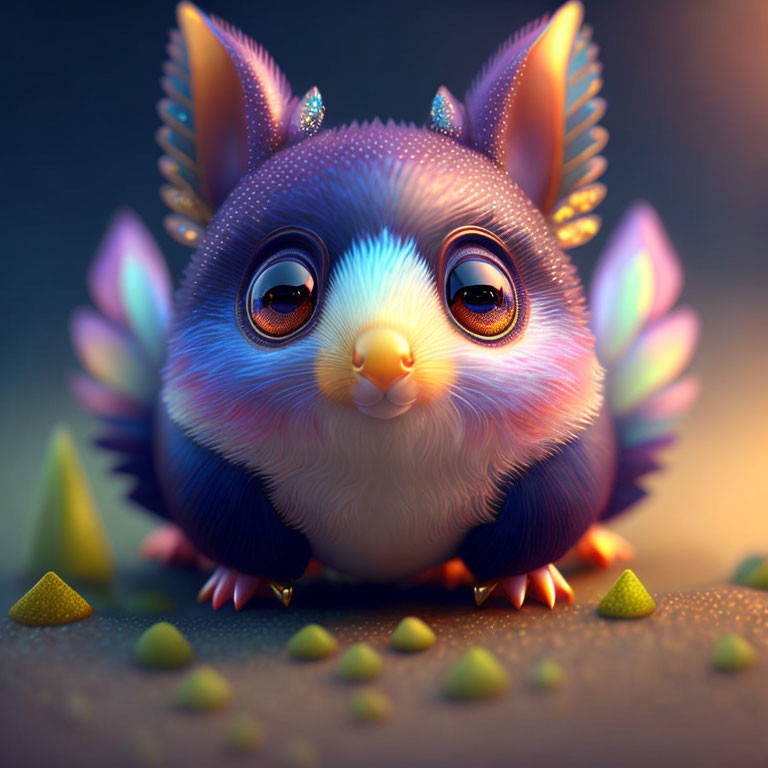 Colorful Fantasy Creature with Large Eyes, Bushy Fur, and Feather-Like Wings in Whims