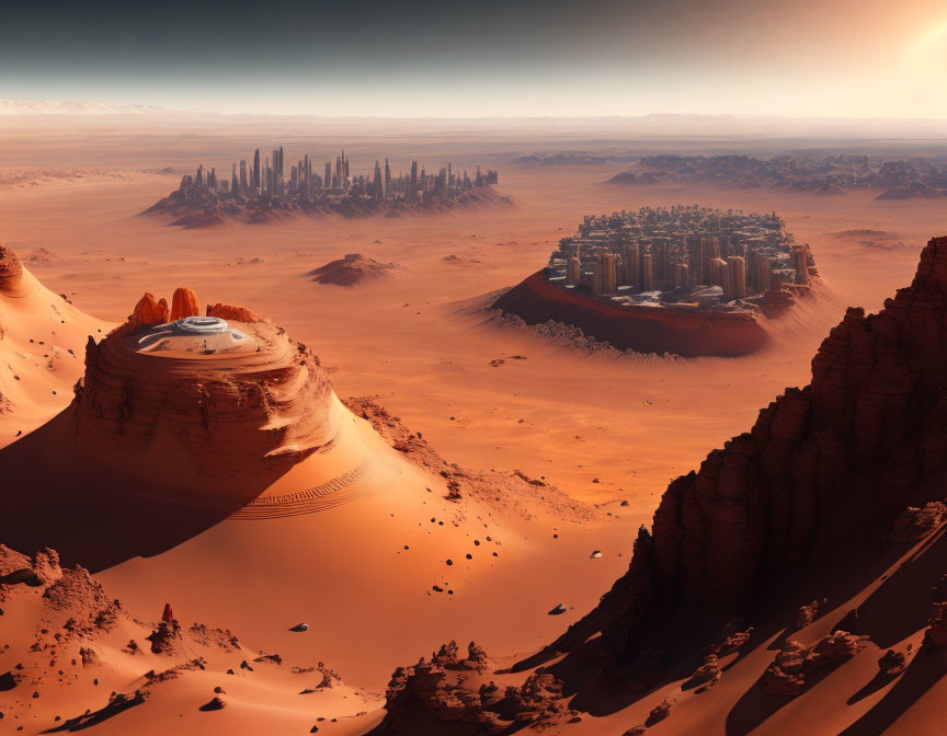 Futuristic city in vast desert with skyscrapers & dome structure