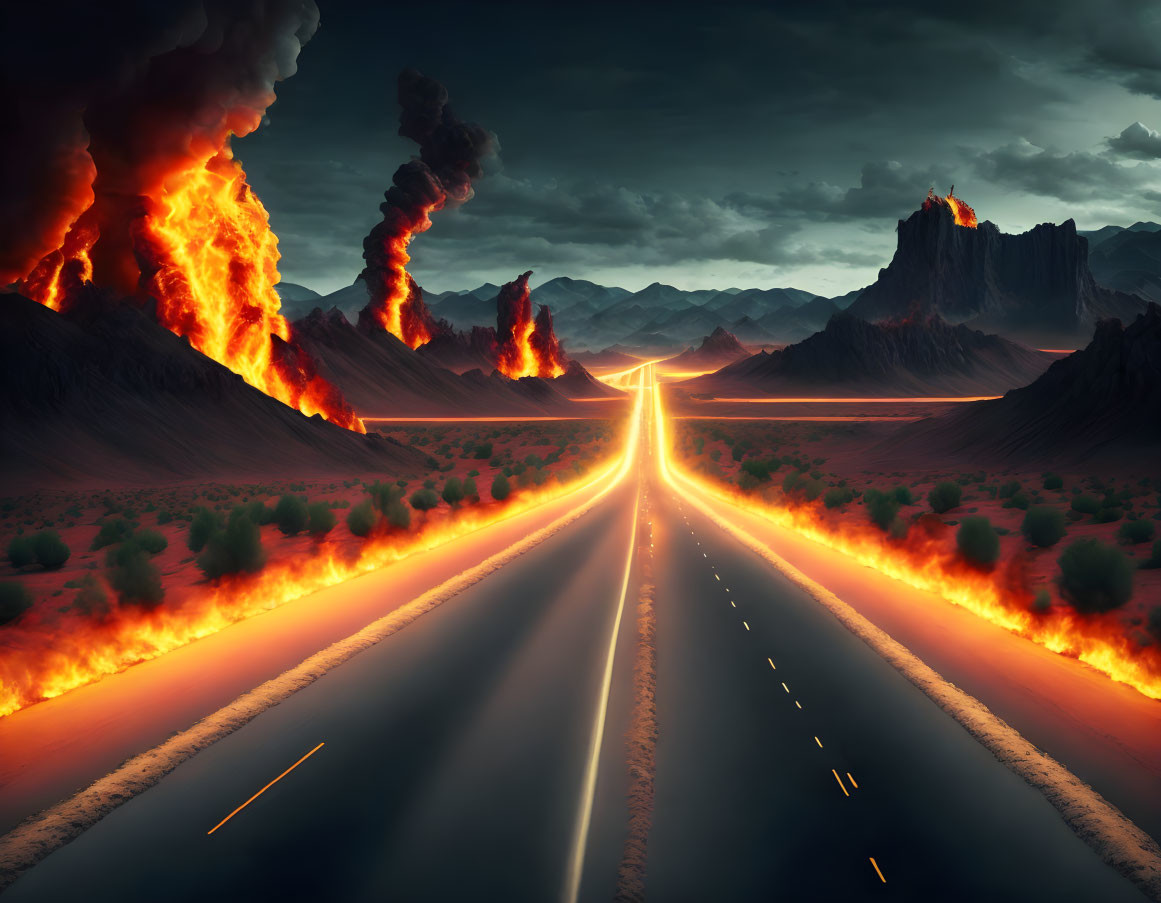 Surreal multi-lane road with erupting volcanoes under stormy sky