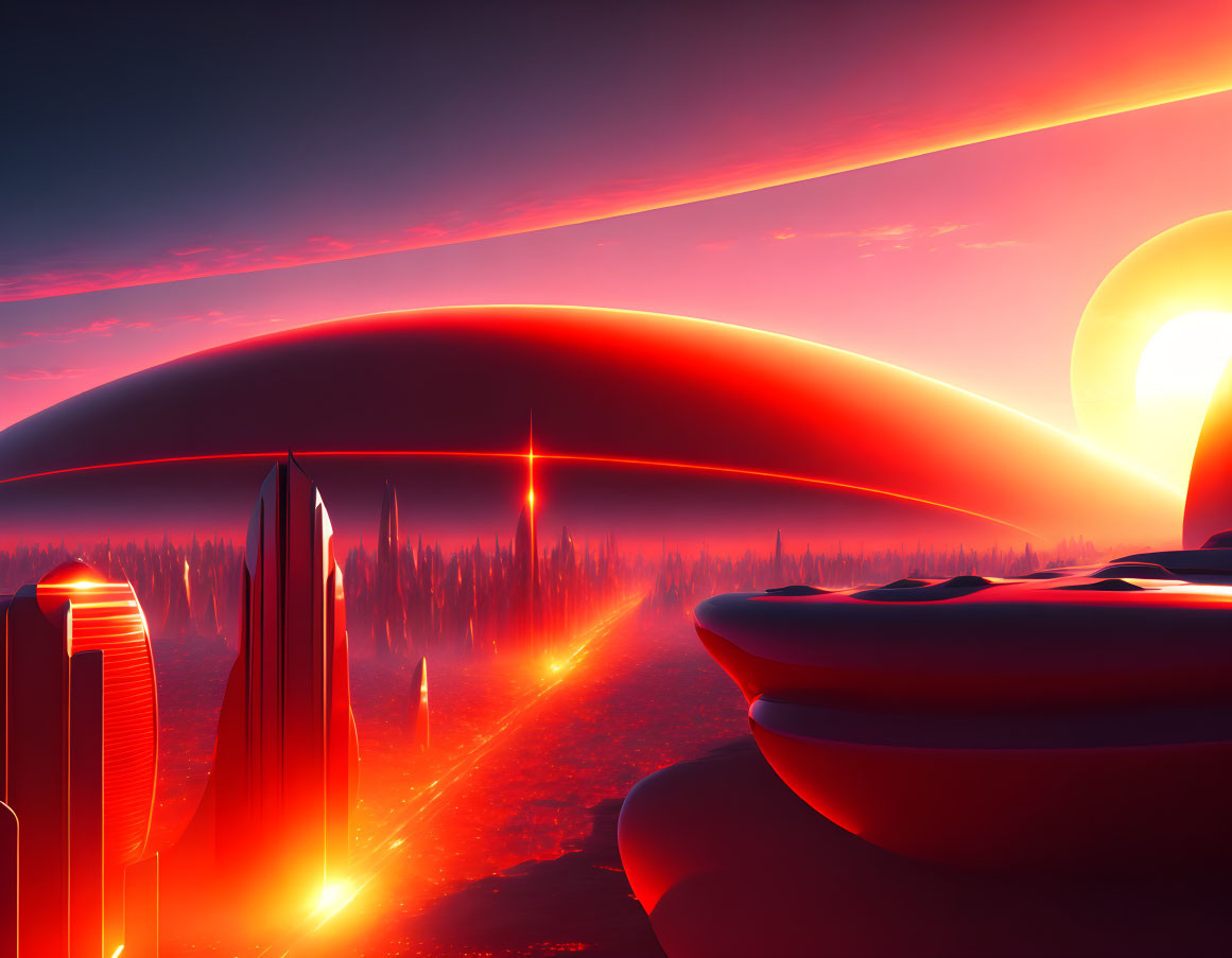 Futuristic sci-fi landscape with red skies, twin suns, and reflective buildings