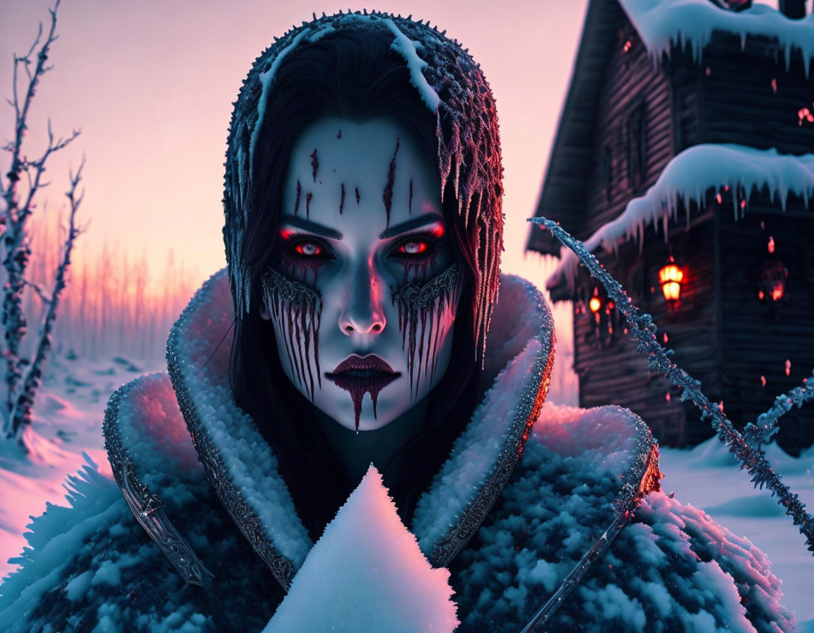 Dark makeup woman with blood-like streaks in wintry landscape.