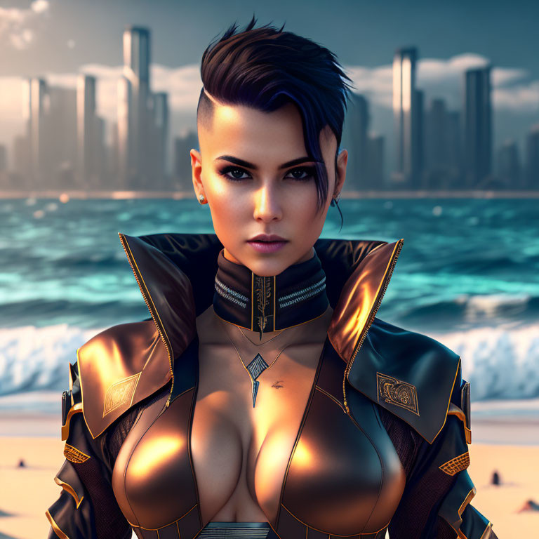 Digital portrait of woman with mohawk in futuristic armor, city skyline and ocean backdrop