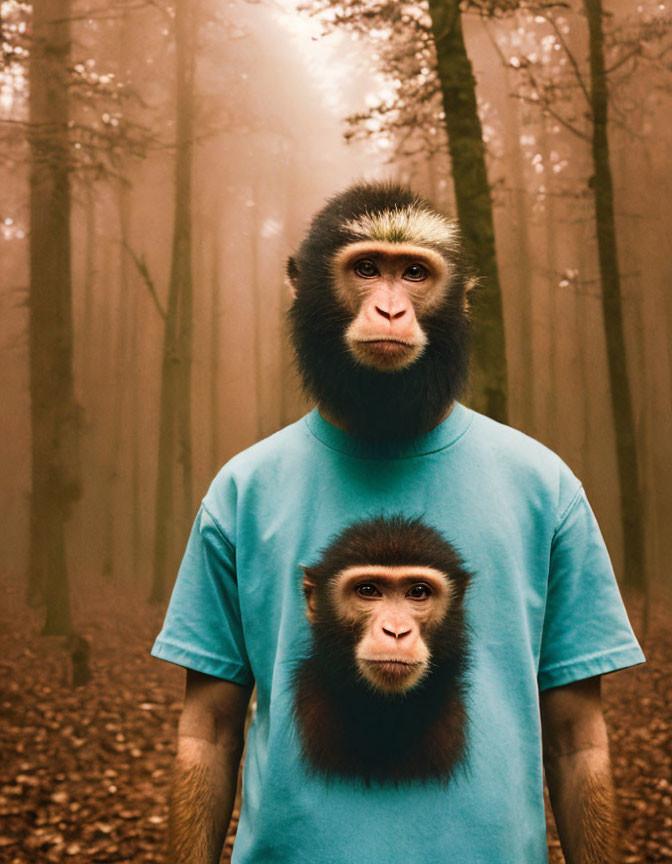 Person with Monkey Head in Forest Wearing Monkey Face T-shirt