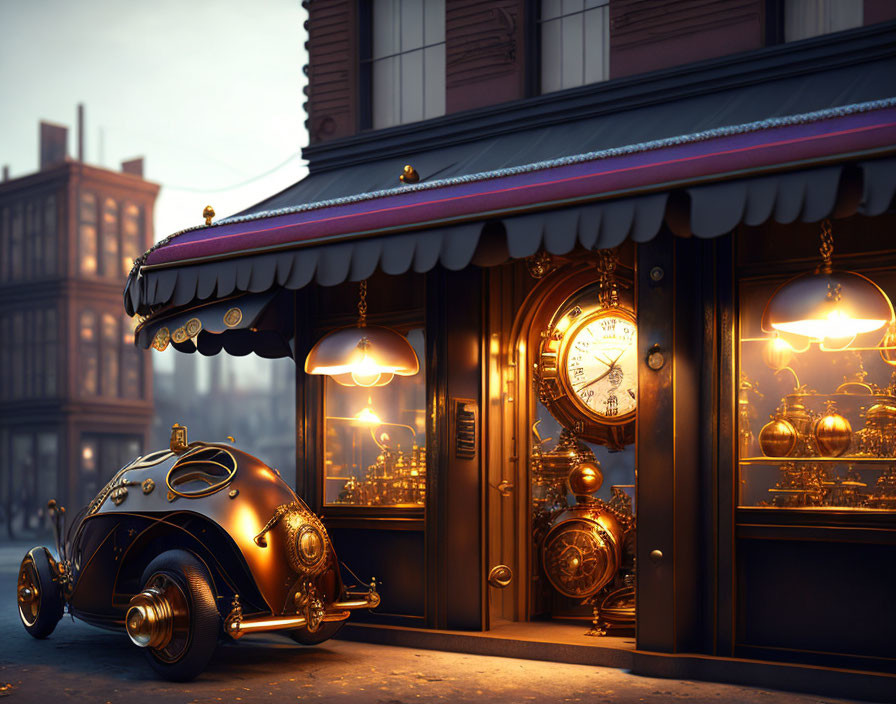 Vintage-style vehicle parked in front of ornate building with golden clock and intricate mechanical details under warm street