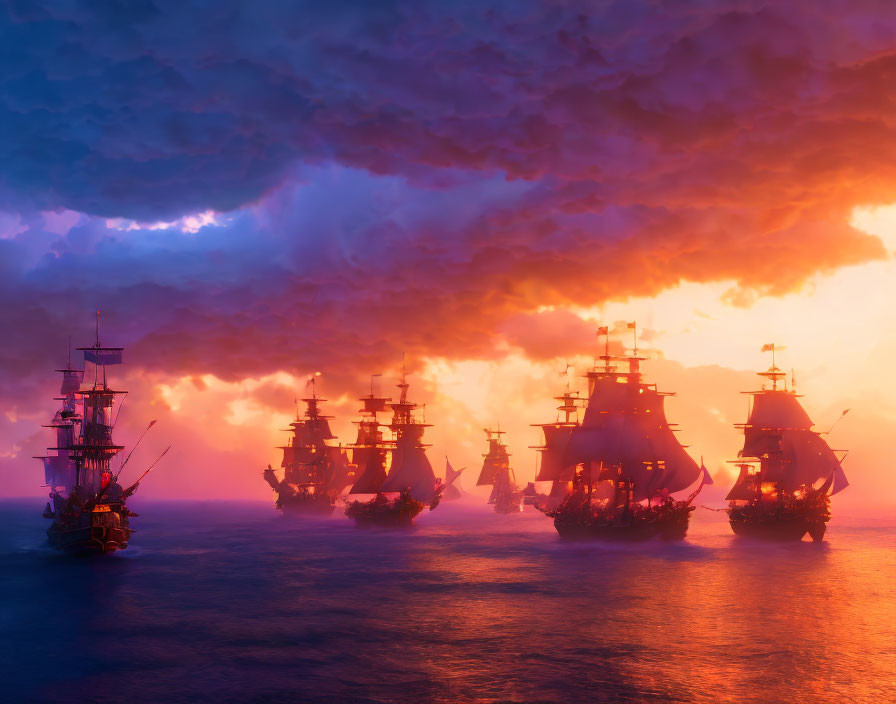 Old sailing ships on glowing sea under stormy sky at sunset