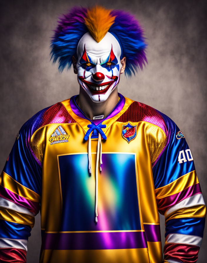 Colorful Clown Makeup Portrait with Number 40 Jersey