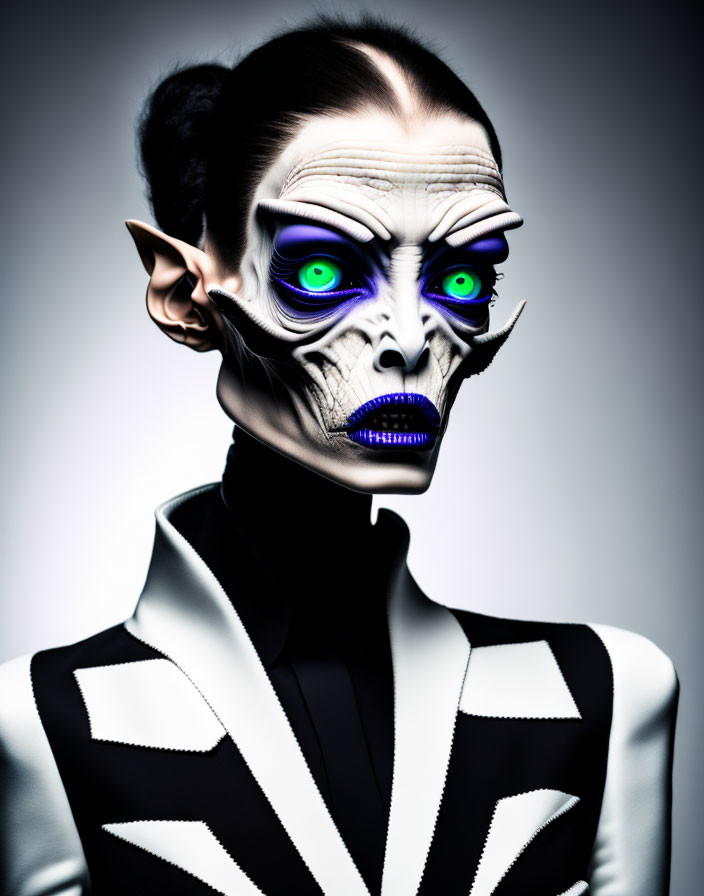 Stylized skull makeup and geometric black and white outfit create futuristic look