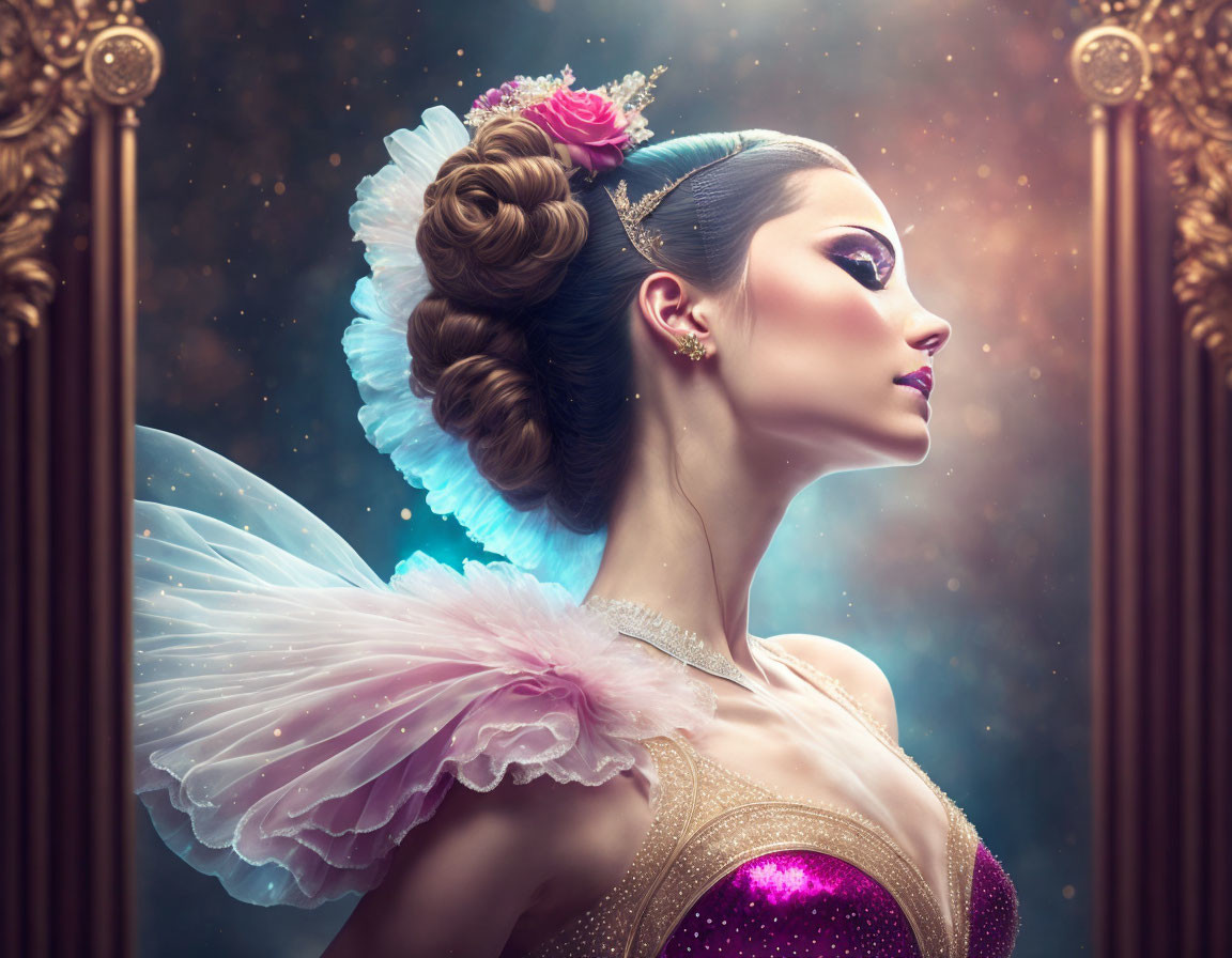 Ethereal woman with angel wings and elegant attire in cosmic setting