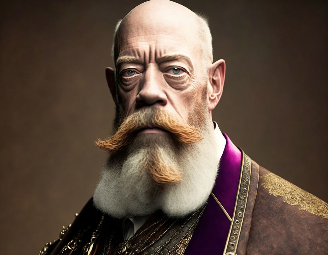 Prominent mustached man in regal costume with purple sash and medals