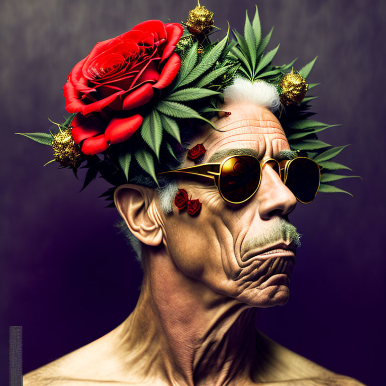 Elderly Man with Sunglasses and Floral Hair Adornments